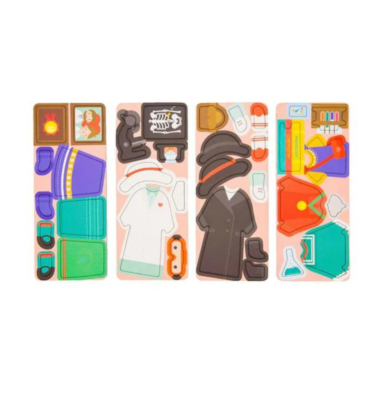 Puzle magnético Científico Curioso de mierEdu, cuatro láminas con piezas de vestidos, zapatos, sombreros y material científico.