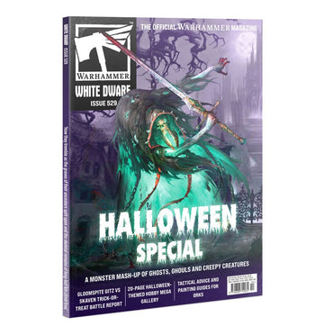 Portada de White Dwarf 529 en inglés, revista Warhammer, con figura espectral verde y especial de Halloween.
