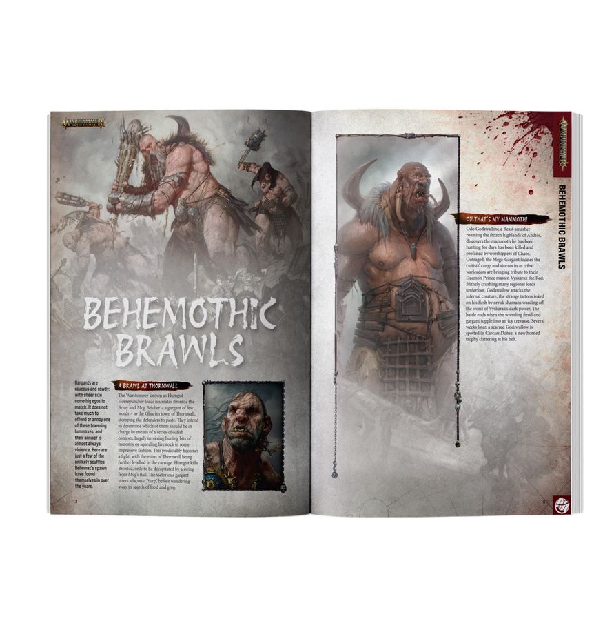 White Dwarf 529 en inglés, revista Warhammer abierta por Behemothic Brawls, con ilustraciones de Mega-Gargants.
