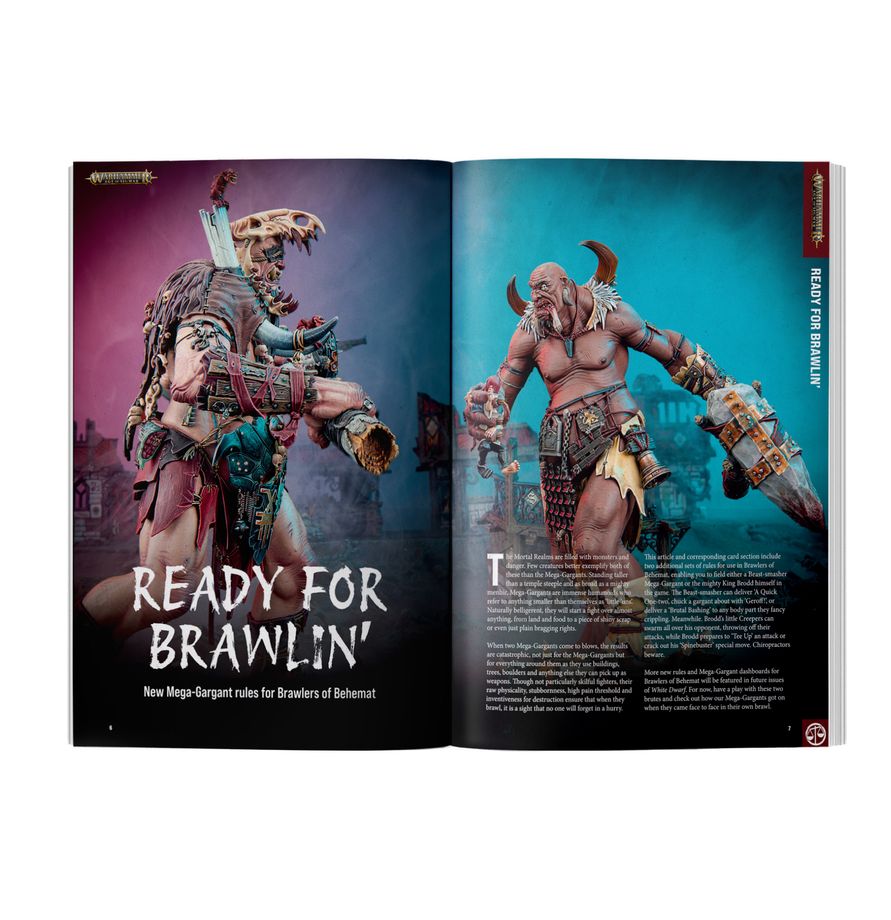 White Dwarf 529 en inglés, revista Warhammer abierta por Ready for Brawlin’, con miniaturas de King Brodd y Beast-smasher.
