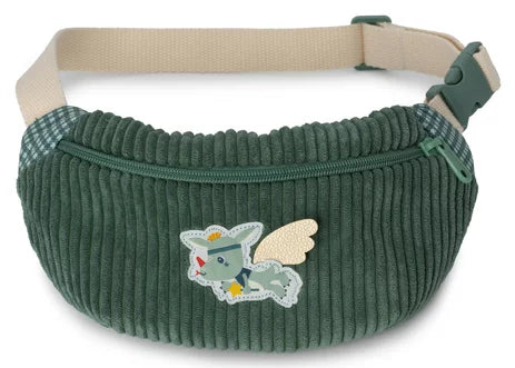 Riñonera infantil Joe el Dragón de Lilliputiens en pana verde, con personaje de alas doradas y cinturón beige.