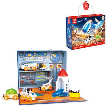 Set Aventuras Espaciales Hape E3876 – Vista general del set con 14 piezas de madera. Educar Jugando