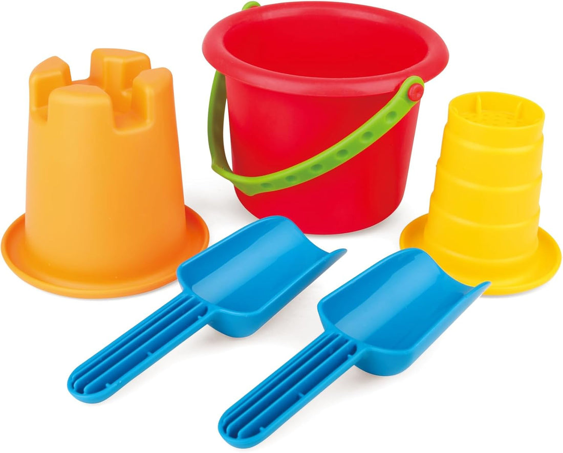 Set de playa 5 en 1 Hape con cubo y palas para coordinación y motricidad fina - Educar Jugando