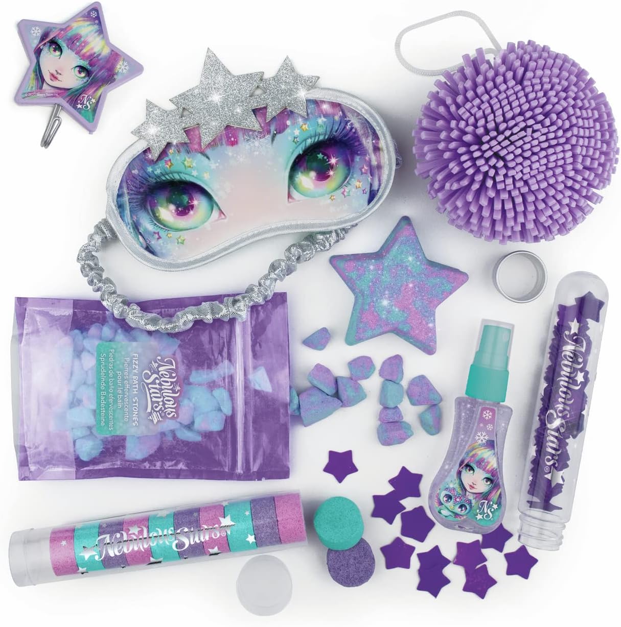 Set de spa y baño Nebulous Stars con antifaz, bombas de brillo y accesorios de bienestar.