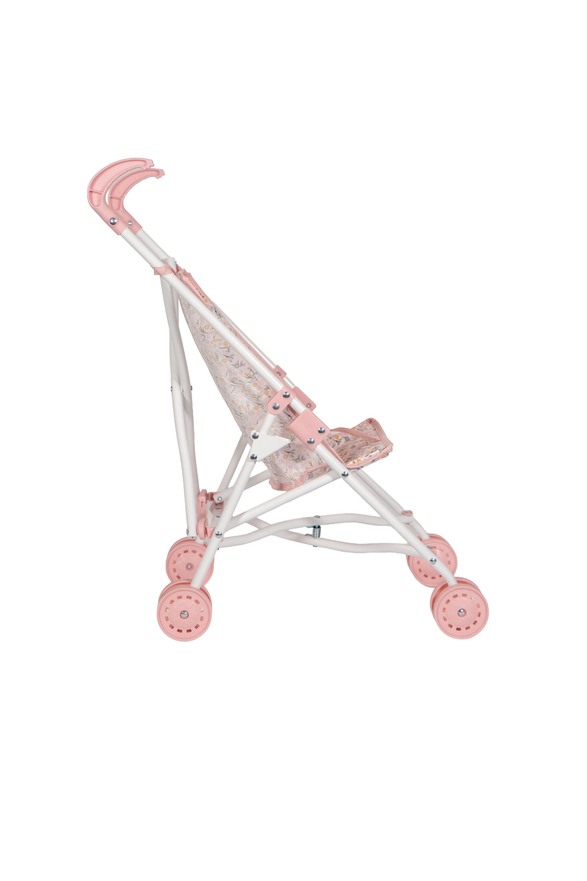 Sillita de paseo Fantasy Arias vista lateral, estructura plegable metálica blanca con ruedas rosas y asiento textil estampado