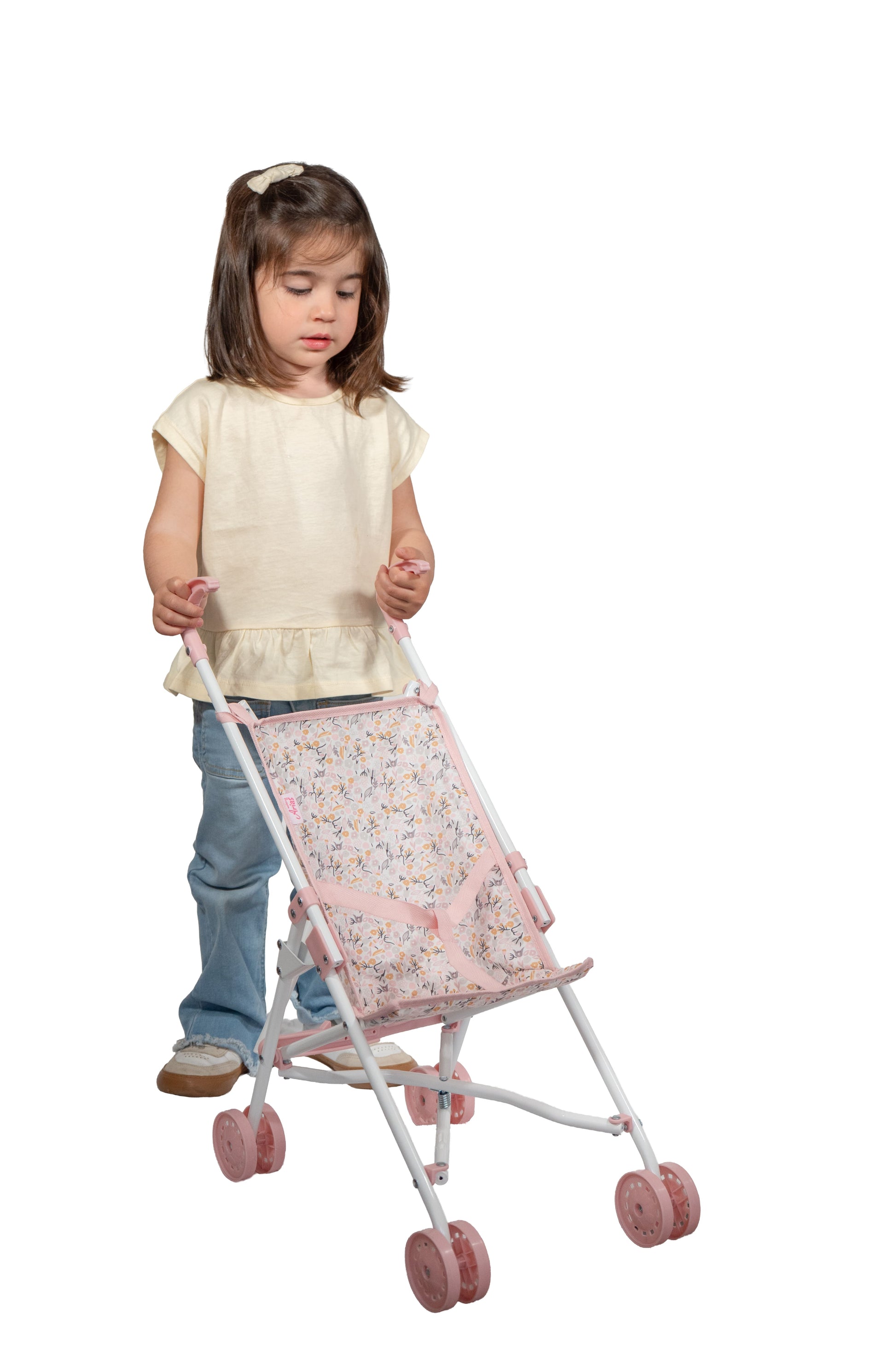 Sillita de paseo Fantasy Arias vista frontal, asiento textil con estampado floral rosa y estructura metálica blanca