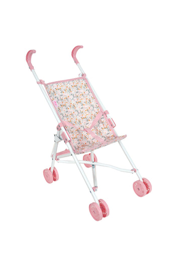 Sillita de paseo Fantasy Muñecas Arias rosa con estructura metálica blanca y asiento textil floral, vista frontal en tres cuartos