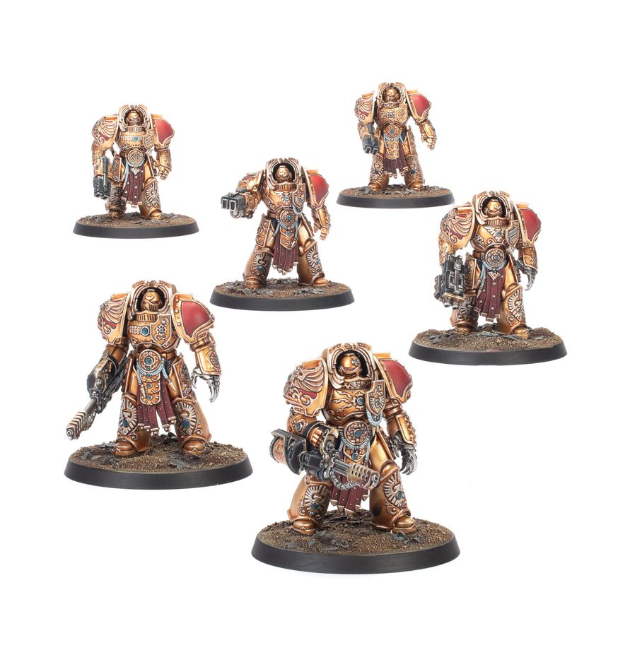 Caja de la Sodalidad de Exterminadores Aquilon de Warhammer, con guerreros Custodes dorados en la portada.
