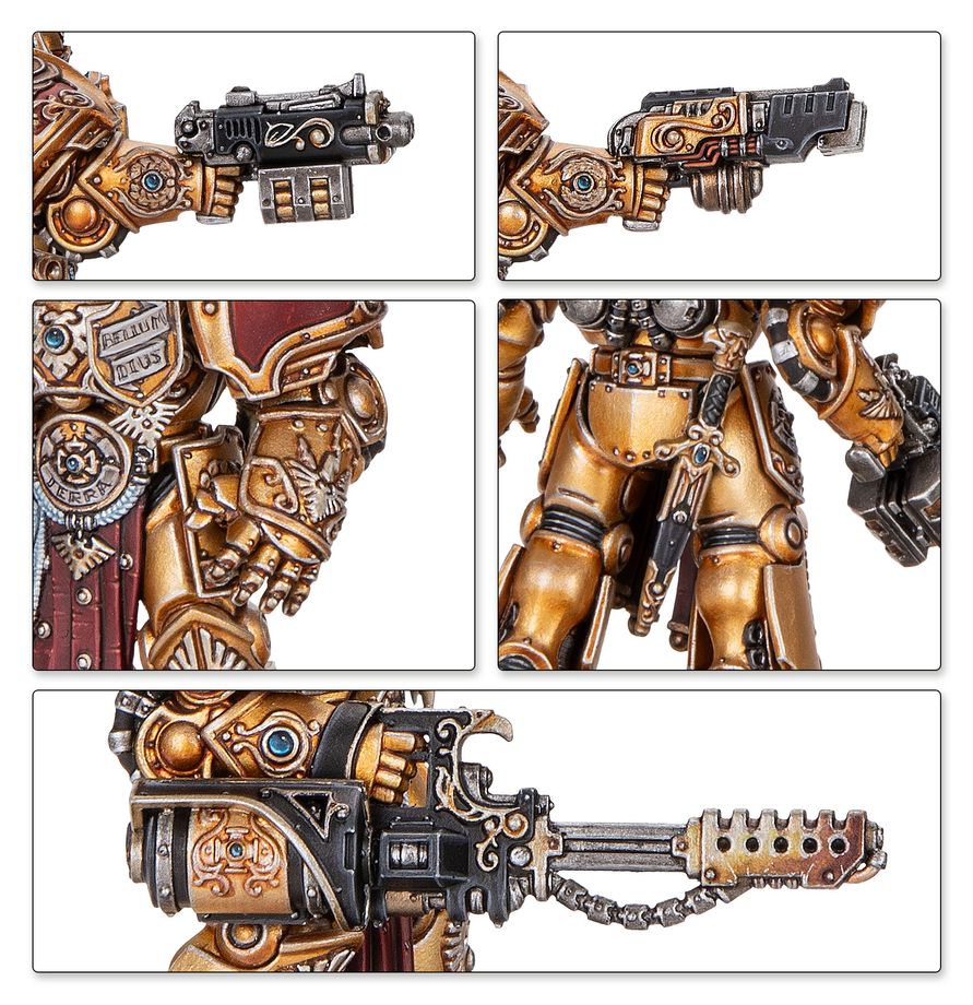 Detalles del armamento de los Exterminadores Aquilon de Warhammer: armas de fuego, guantelete y misericordia.