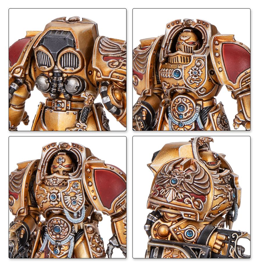 Detalles de los Exterminadores Aquilon Custodes de Warhammer: espalda, cascos, placas pectorales y hombrera ornamentada.