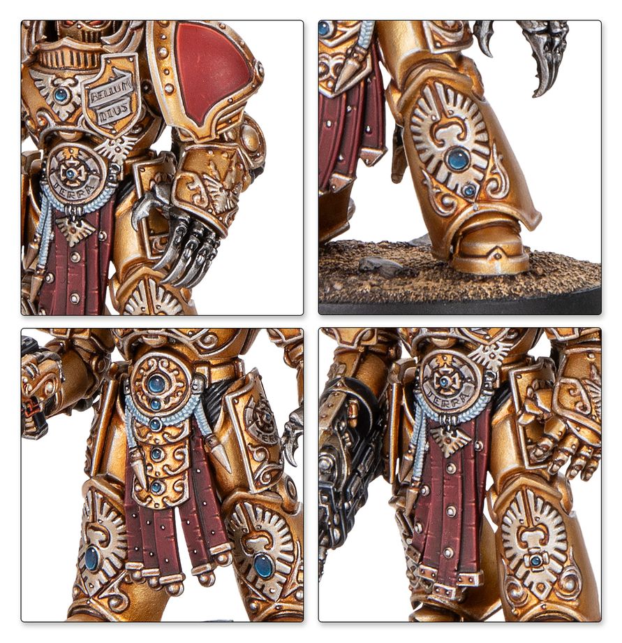 Exterminadores Aquilon de Warhammer, primeros planos de zarpa, guantelete, grebas doradas y faldones rojos.