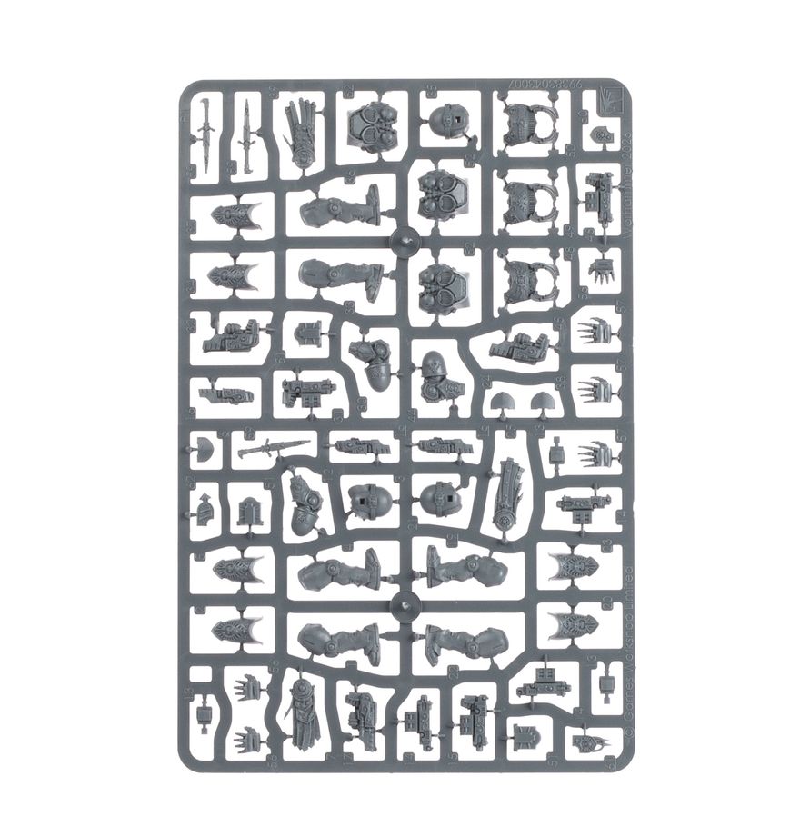Matriz de plástico gris de Exterminadores Aquilon de Warhammer, con piezas de cuerpos, piernas, guanteletes y zarpas.