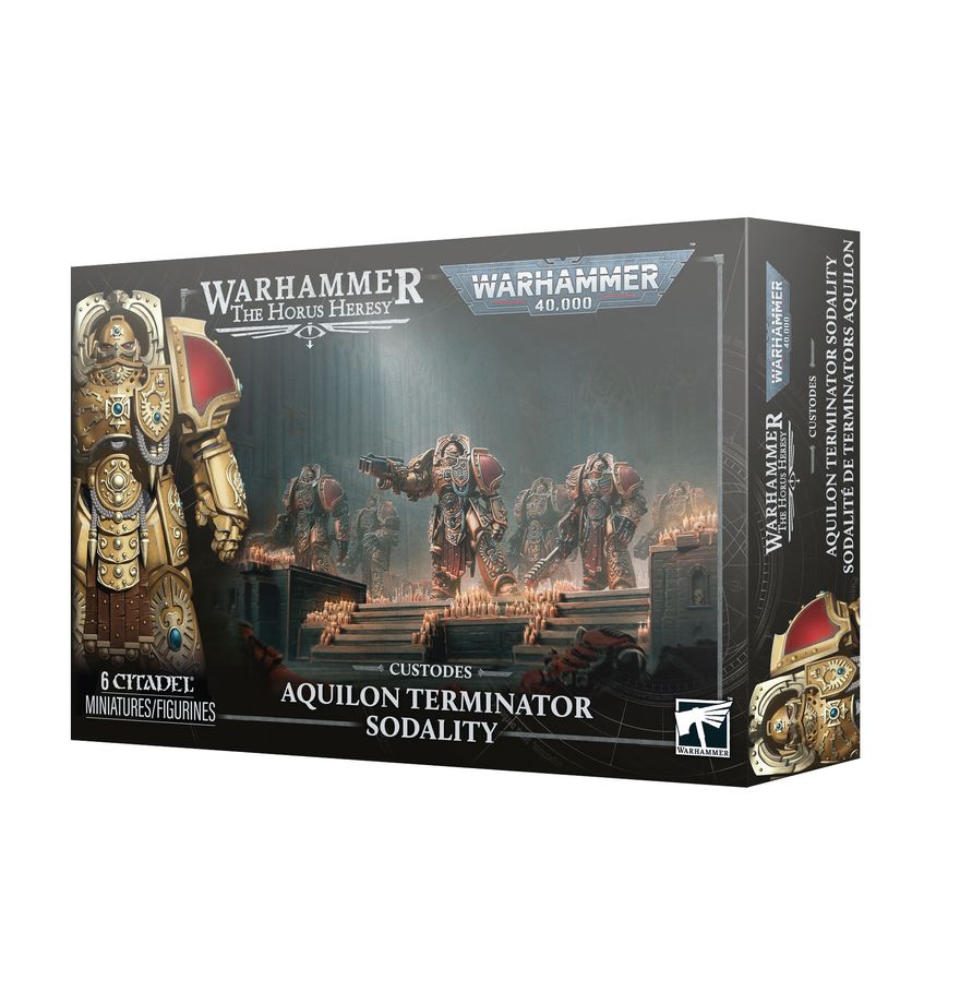 Caja de la Sodalidad de Exterminadores Aquilon de Warhammer, con guerreros Custodes dorados en la portada.