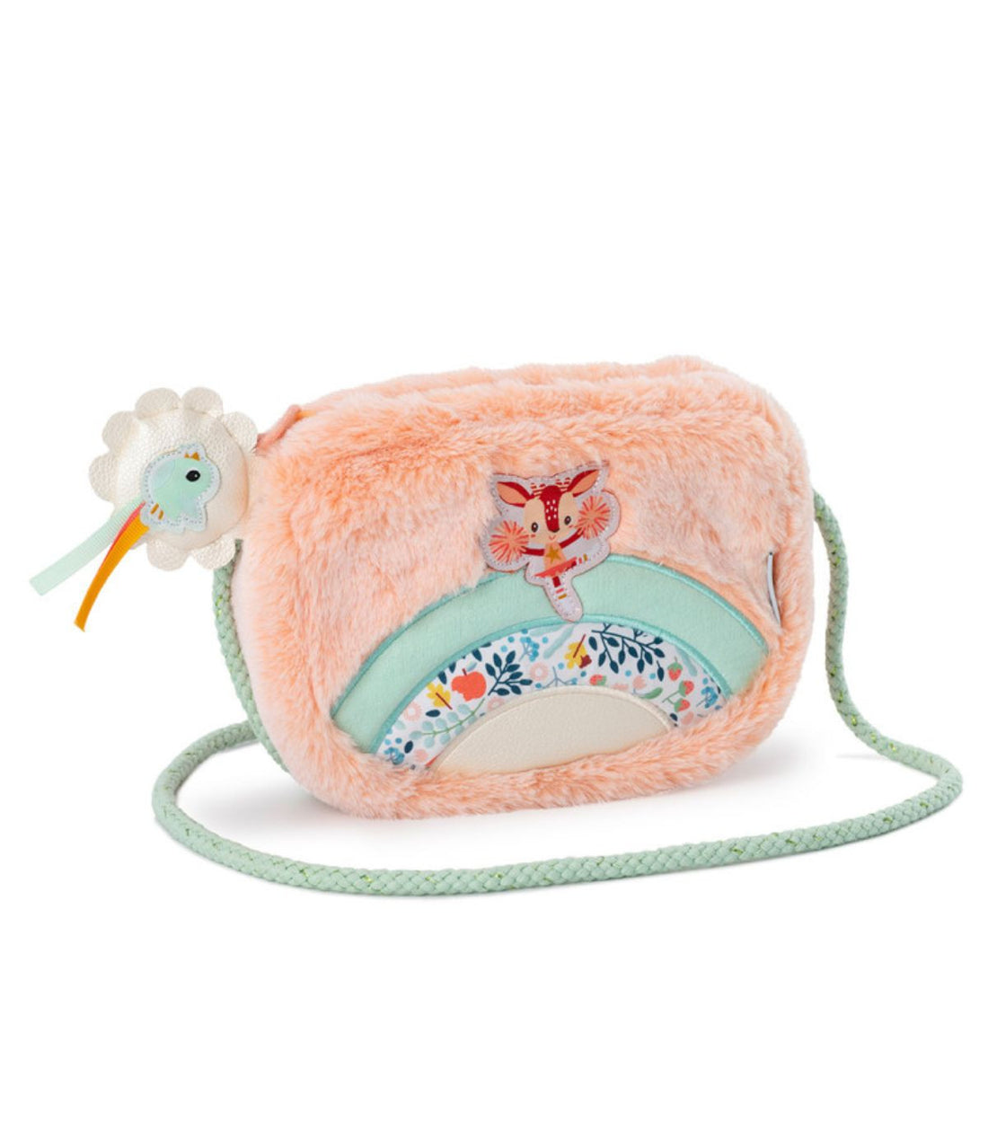 Bolso Stella de Lilliputiens rosa afelpado, con arcoíris floral, correa verde claro y llavero de flor sobre fondo blanco