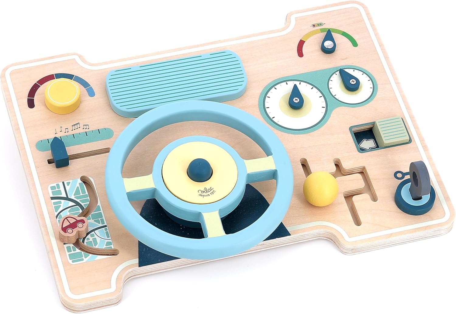 Tablero de actividades coche de madera Vilac con volante, bocina, llave y espejo retrovisor para bebés desde 12 meses