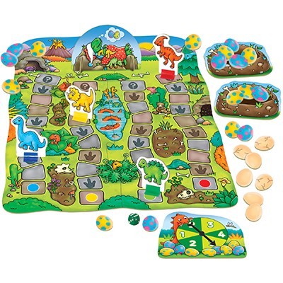 Caja del juego de mesa infantil Dino-Snore-Us de Orchard Toys sobre el T-Rex y recuperar huevos para niños de 3 a 6 años - Educar Jugando