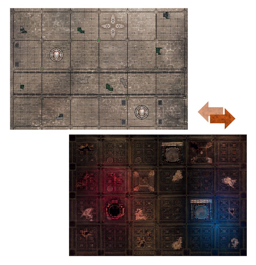 Los dos tableros de juego a doble cara incluidos en Cazando en las Sombras para partidas en superficie y subterráneas.