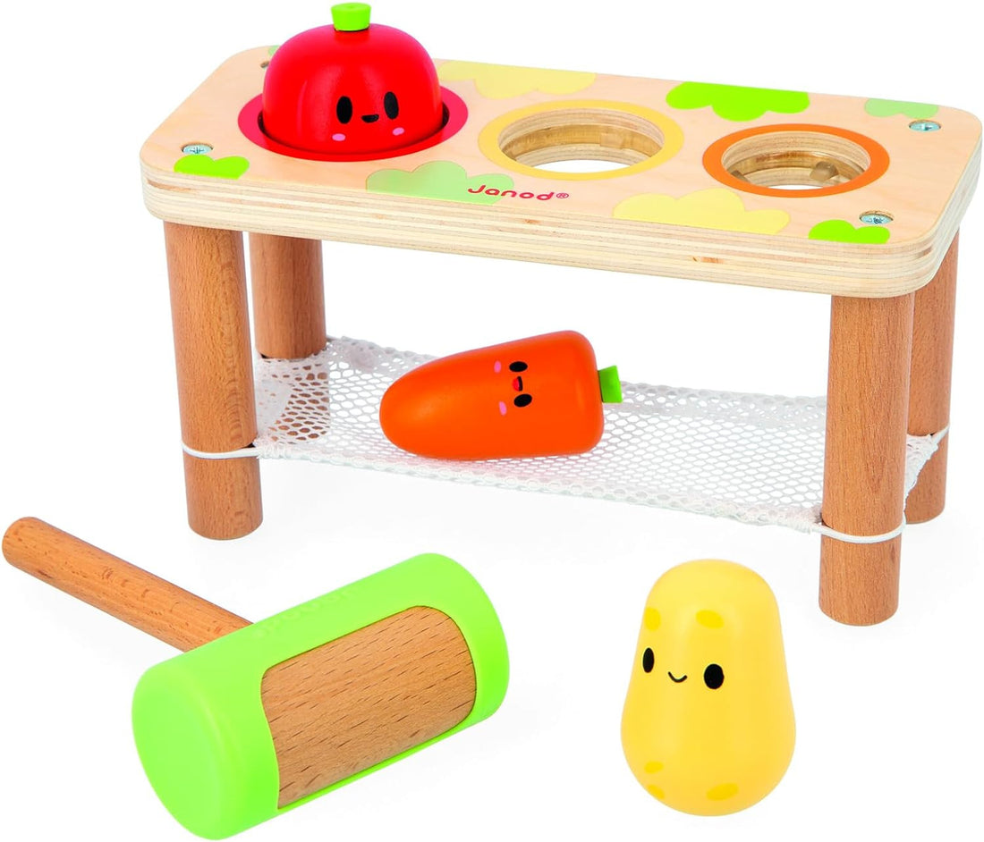 Juego de golpear verduras de madera Janod con martillo de silicona silencioso y red de recogida - Educar Jugando - Janod 03309