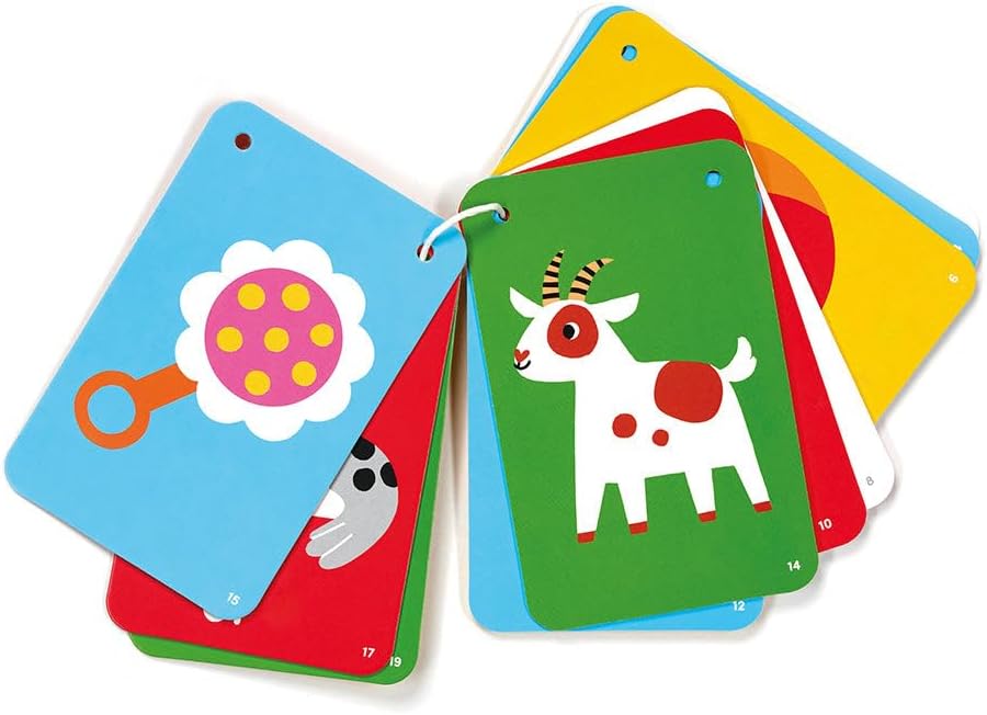 Tarjetas de alto contraste Banana Panda de 6 a 9 meses, unidas con cuerda y desplegadas con dibujos de sonajero y cabra.