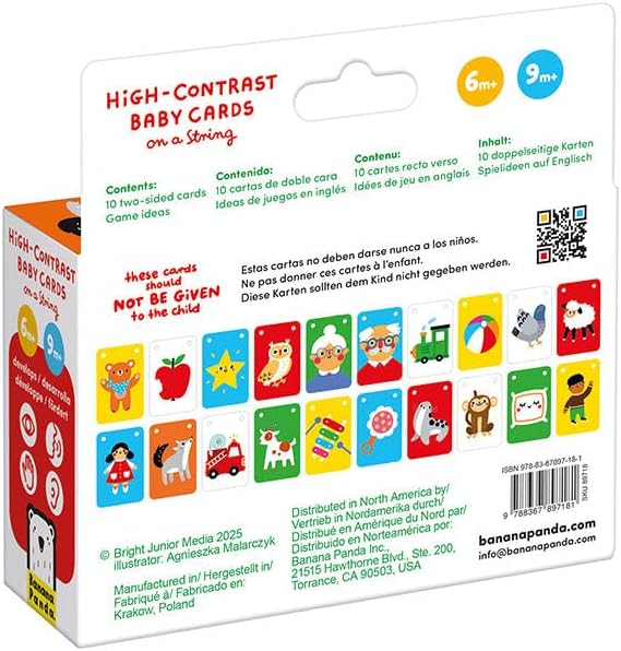 Tarjetas de alto contraste Banana Panda de 6 a 9 meses, reverso de la caja con las 20 ilustraciones y advertencia de uso.