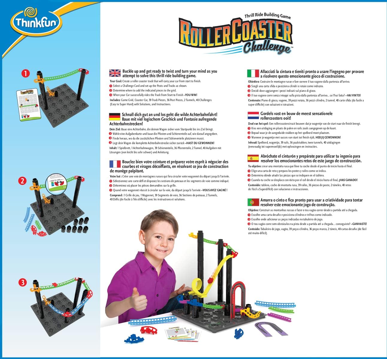 Parte posterior caja Roller Coaster Challenge ThinkFun - descripción y contenido del juego
