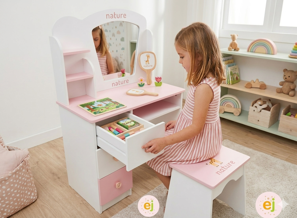 Tocador infantil de madera blanca y rosa con espejo y taburete modelo Nature de Educar Jugando