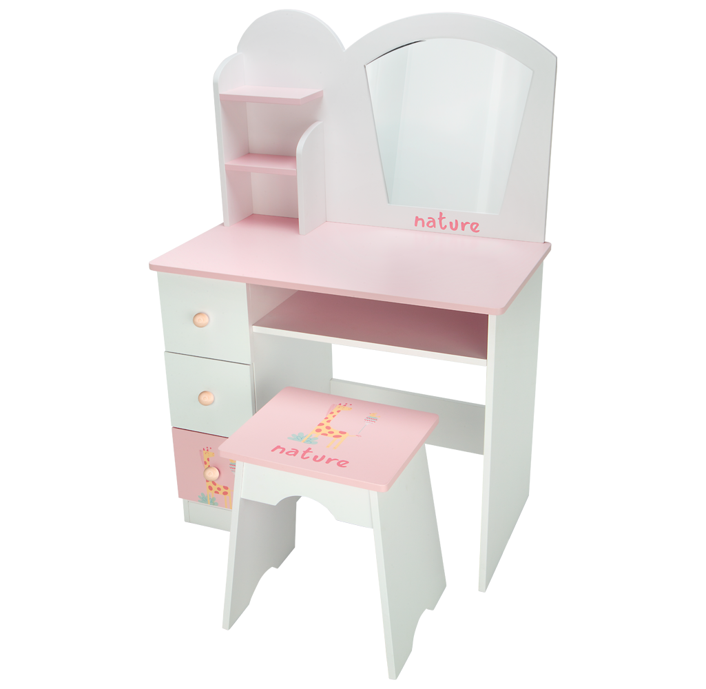 Tocador infantil de madera Arias Naturaleza referencia 21588 con espejo redondo, taburete y accesorios de juguete estilo nórdico.