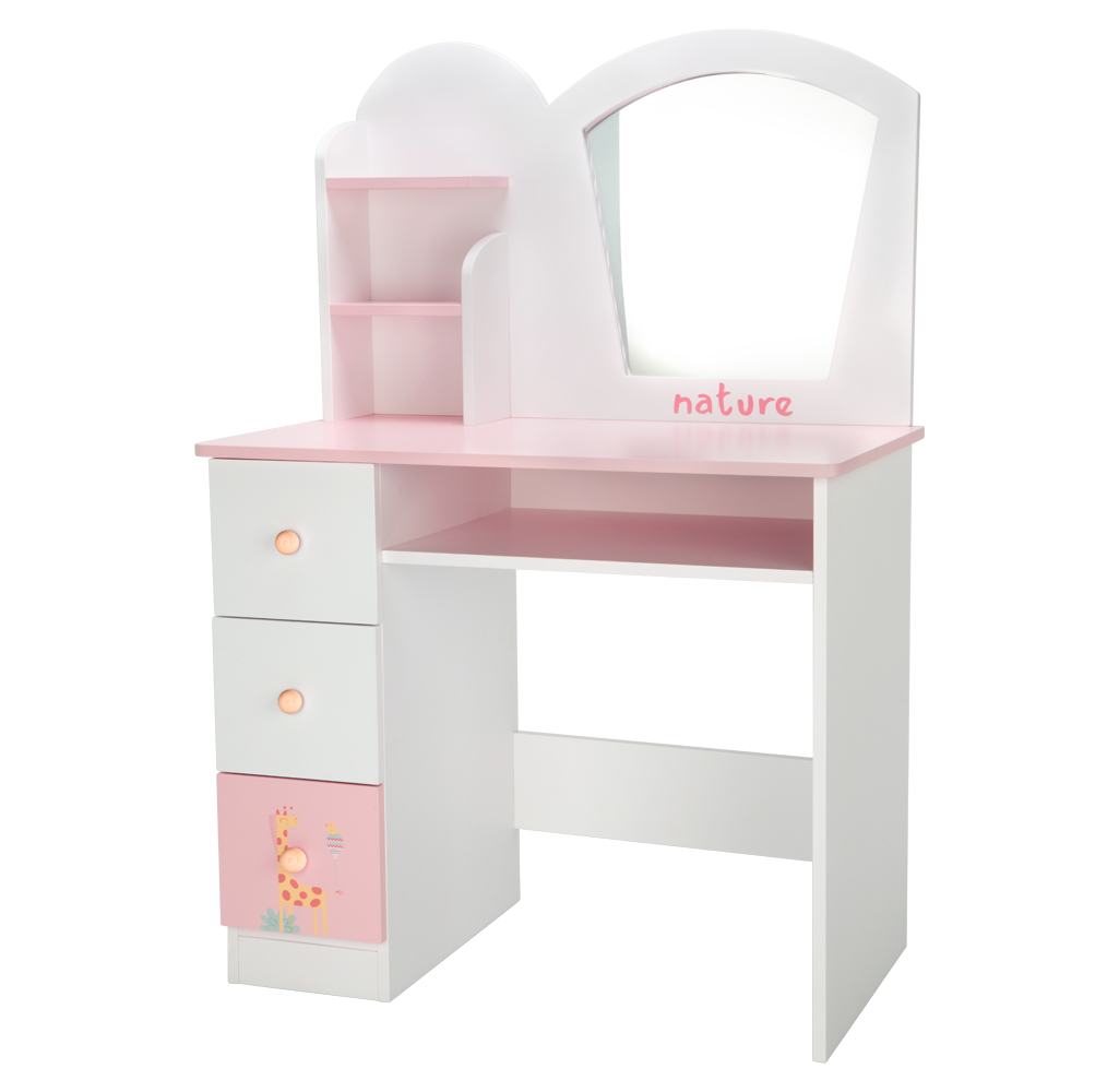 Tocador infantil de madera Arias Naturaleza referencia 21588 con espejo redondo, taburete y accesorios de juguete estilo nórdico.