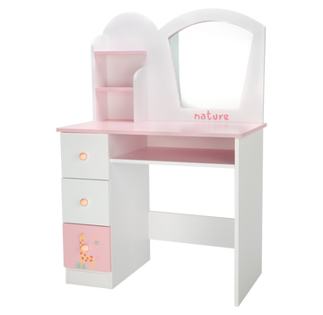 Tocador infantil de madera Arias Naturaleza referencia 21588 con espejo redondo, taburete y accesorios de juguete estilo nórdico.