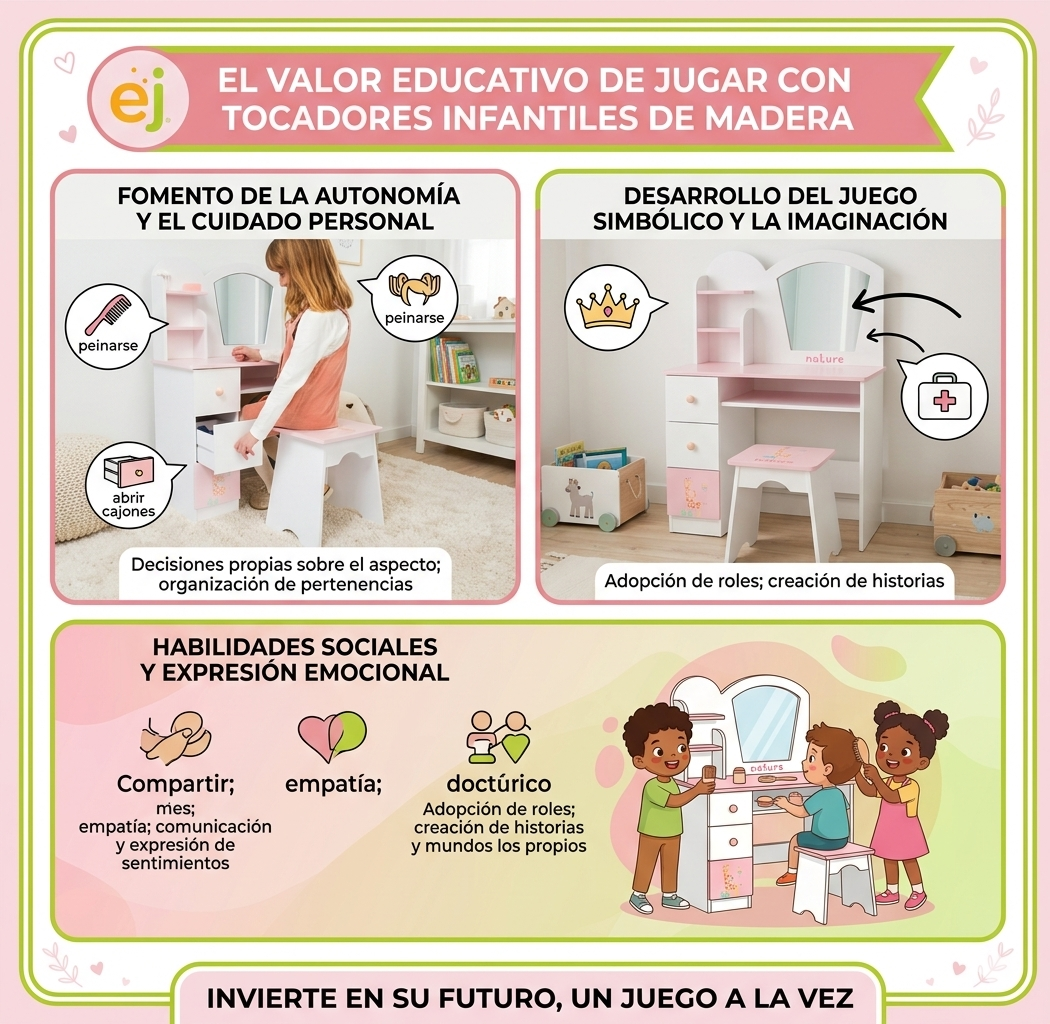 Infografía sobre el valor educativo del tocador infantil de madera Arias Naturaleza 21588 de Educar Jugando, destacando autonomía, juego simbólico y motricidad fina.
