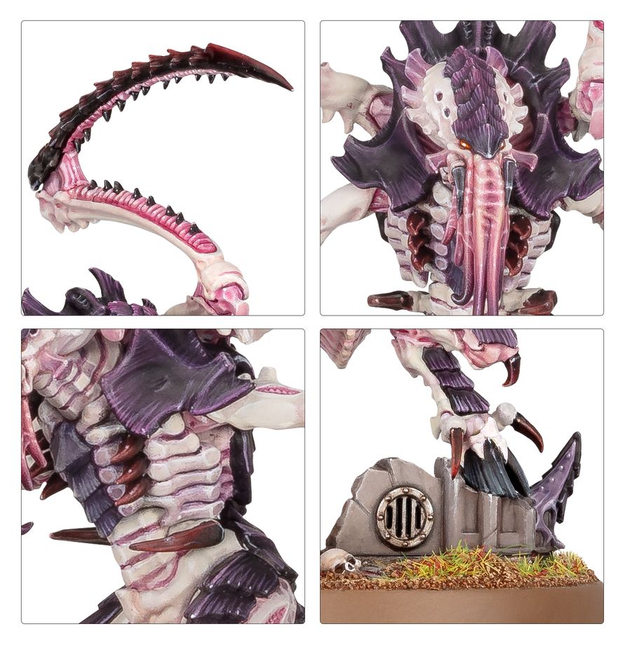 Detalles del Tyranids Lictor de Warhammer 40K en blanco y morado: garra, cabeza, caparazón y ruina de la peana.