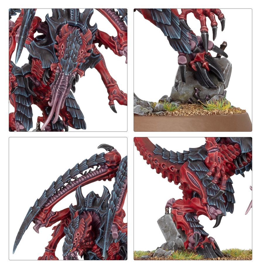 Detalles del Líctor Tiránido de Warhammer 40K en rojo y negro: tentáculos, garras, patas y peana con ruinas.