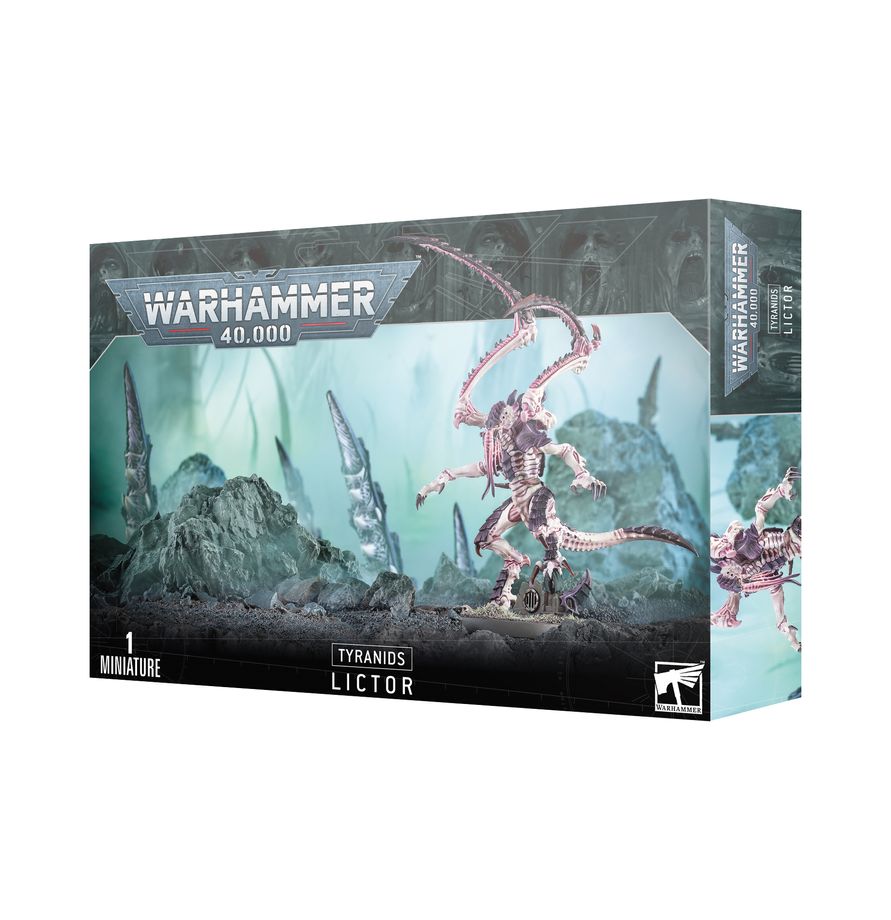 Caja Tyranids Lictor de Warhammer 40.000, con el Líctor Tiránido pintado y ambientación de combate en la portada.