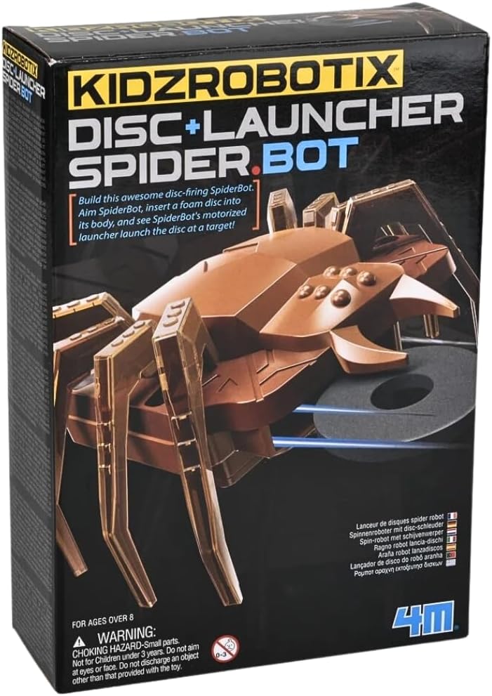 Robot Araña 4M ensamblado en acción lanzando discos – juego de construcción robótica para niños