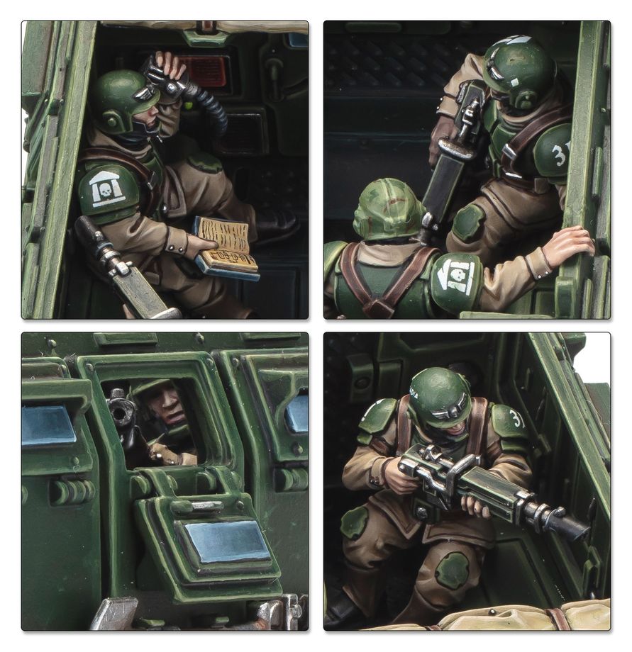 Detalle del interior del VAR Centaur con cuatro tripulantes del Astra Militarum: oficial con libro, soldados con rifle láser y escotilla trasera articulada - Warhammer 40,000