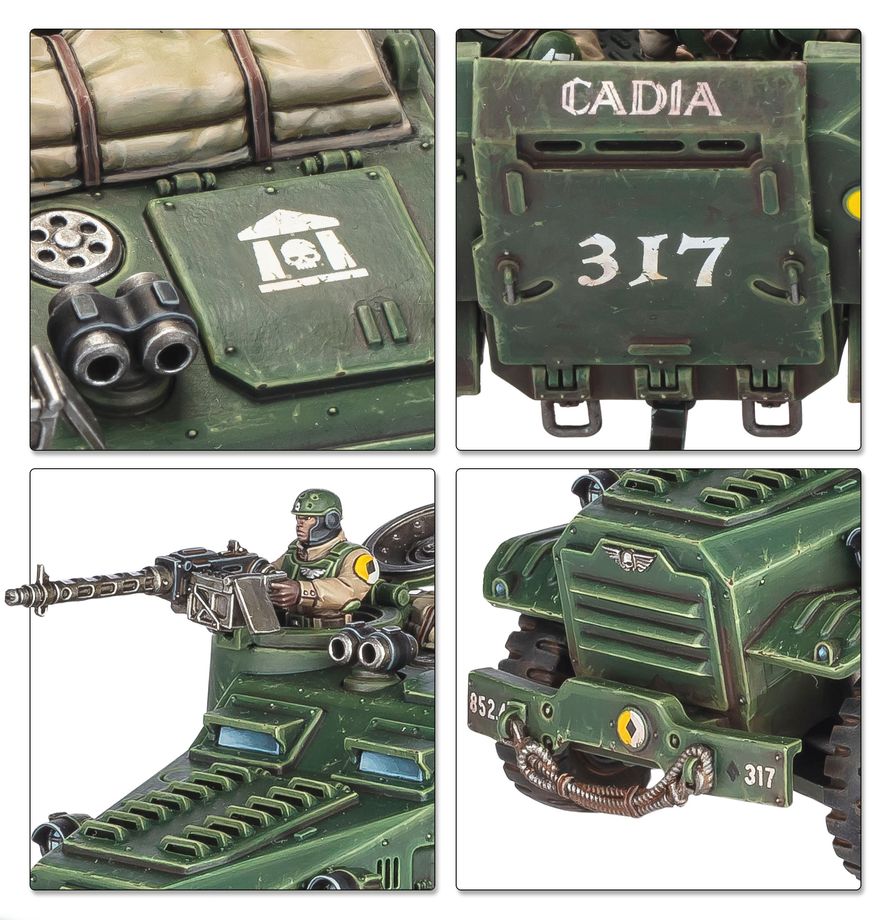 Detalles del VAR Centaur: escotilla superior con símbolo Astra Militarum, escotilla trasera Cadia número 317, artillero con ametralladora pesada y frontal con gancho de remolque - Warhammer 40,000