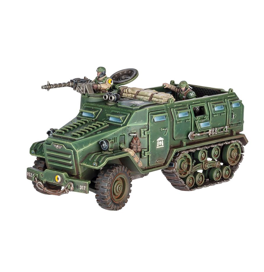 VAR Centaur Astra Militarum miniatura pintada vista tres cuartos con artillero en ametralladora pesada y tripulante asomado - Warhammer 40,000