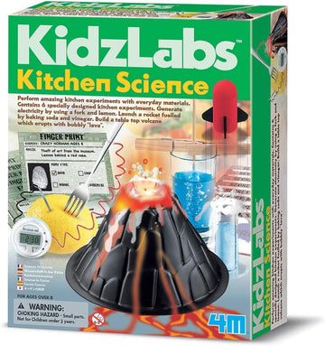 Kit de experimentos científicos Kitchen Science de KidzLabs para niños en España, disponible en EducarJugando.com. El mejor juego de ciencia educativo con volcán y experimentos de cocina recomendado por pedagogos.