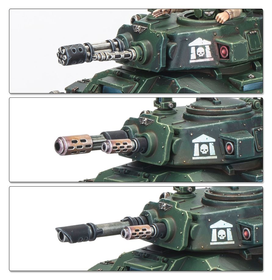 Detalle de las tres opciones de arma principal del VBC Hippogriff: cañón gatling Quirón, cañón de fusión y cañón láser pesado - Warhammer 40,000