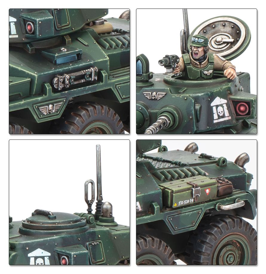 Detalles de escultura del VBC Hippogriff: caja de munición, comandante con pistola, escotilla cerrada con antena y bidón de combustible - Astra Militarum Warhammer 40,000