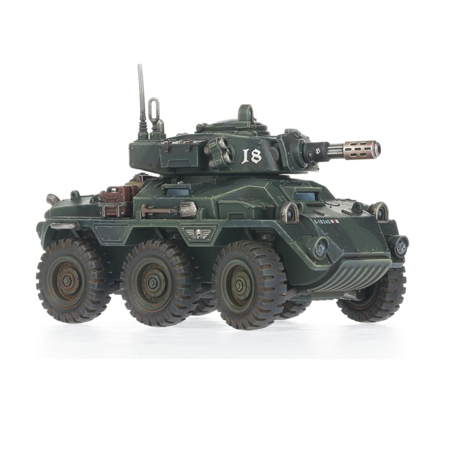VBC Hippogriff Astra Militarum vista lateral derecha con cañón gatling Quirón en torreta número 18 - Warhammer 40,000