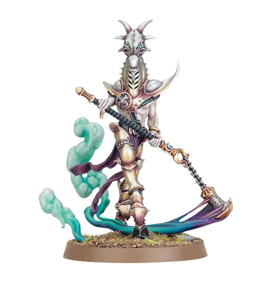 Señor de la Histeria Hedonitas de Slaanesh miniatura pintada con flagelo incensario y humo turquesa sobre peana 40 mm - Warhammer Age of Sigmar