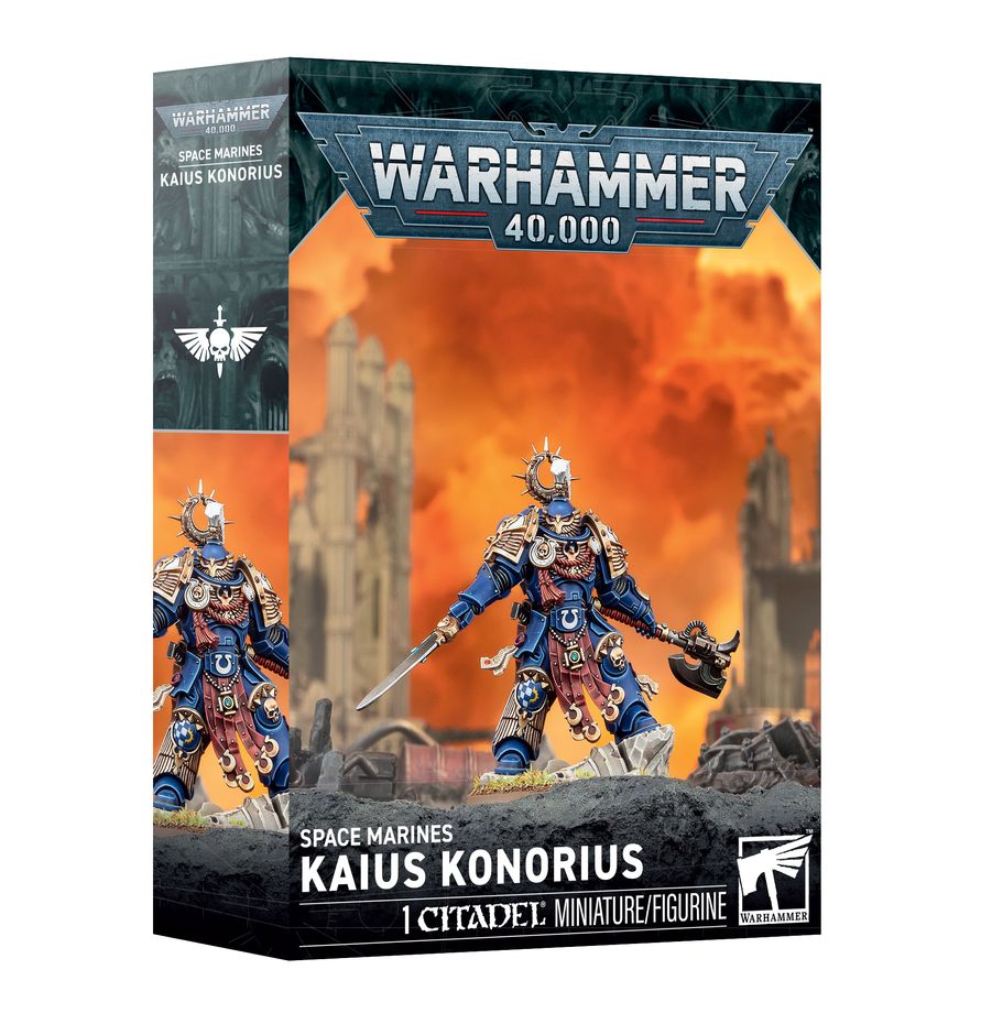 Caja del kit Kaius Konorius de Warhammer 40.000, Games Workshop, miniatura Ultramarines sin montar ni pintar, referencia WA55-77.