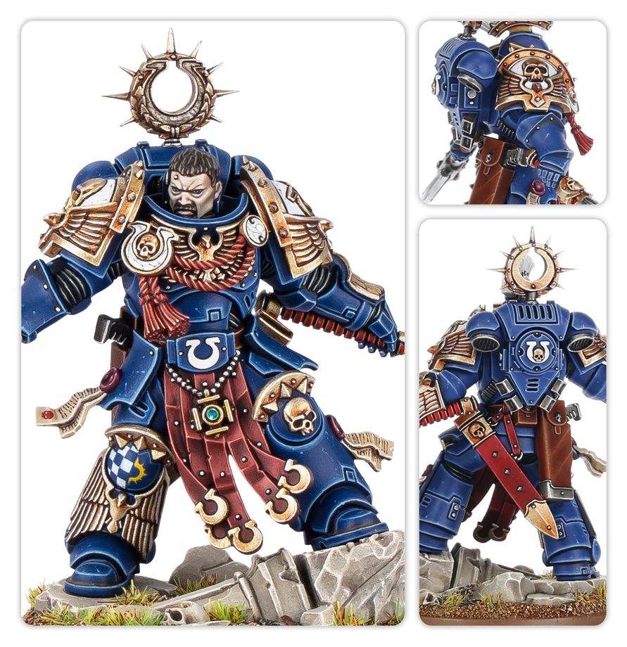  Kaius Konorius Warhammer 40.000, comparativa de montaje con casco con penacho y con la cabeza descubierta, Ultramarines.